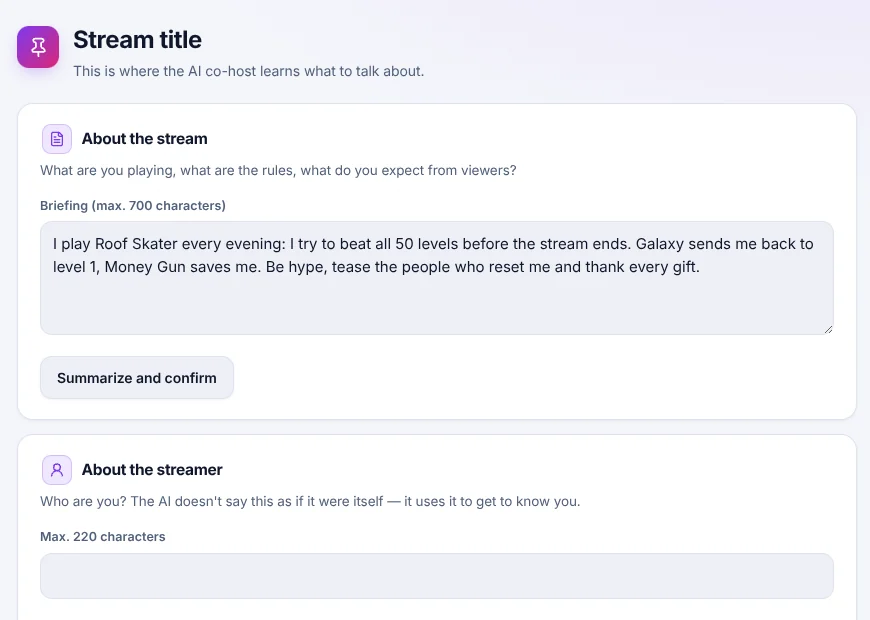 TikTool briefing tab: tell the AI co-host what you play, the rules and what you expect from viewers