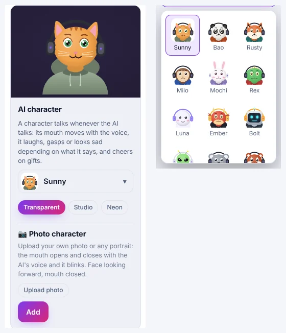 TikTool AI character card: character picker with Sunny, Bao, Rusty, Milo, Mochi, Rex, Luna, Ember and Bolt, backgrounds and photo character
