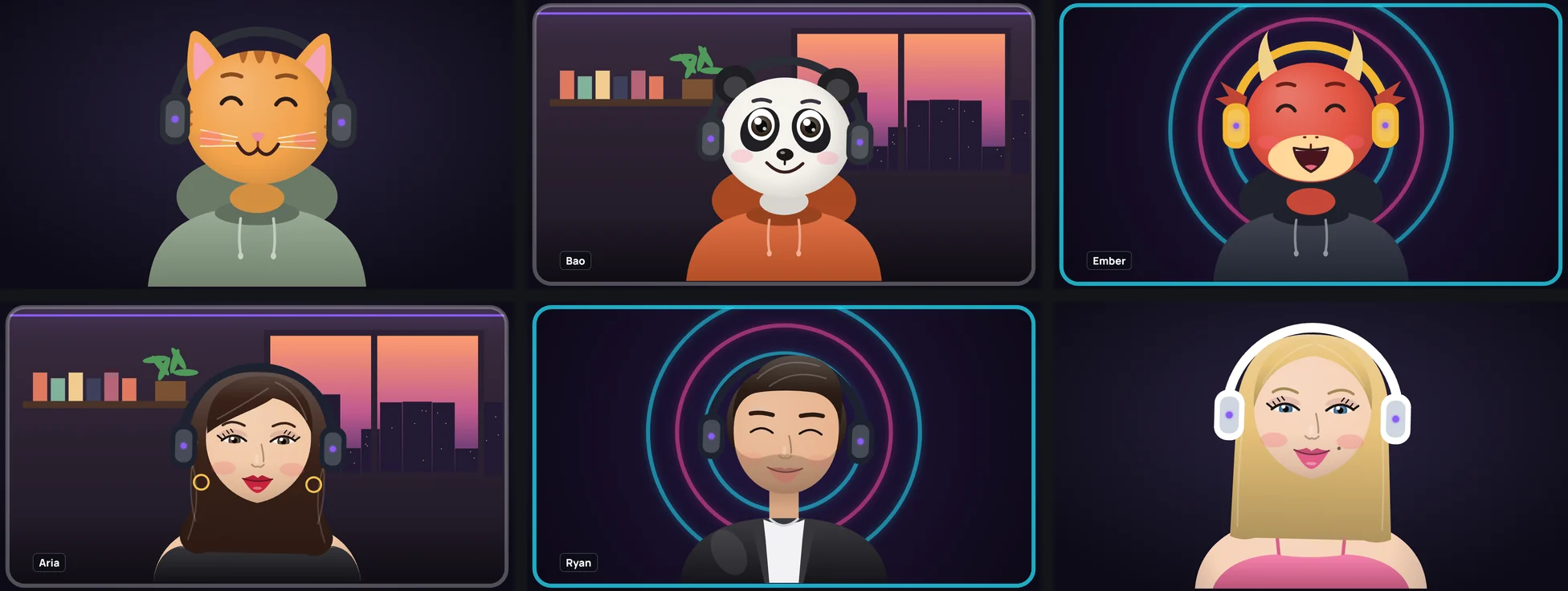 TikTool AI characters on a TikTok LIVE overlay: Sunny the cat, Bao the panda, Ember the dragon, Aria, Ryan and Bella with transparent, studio and neon backgrounds