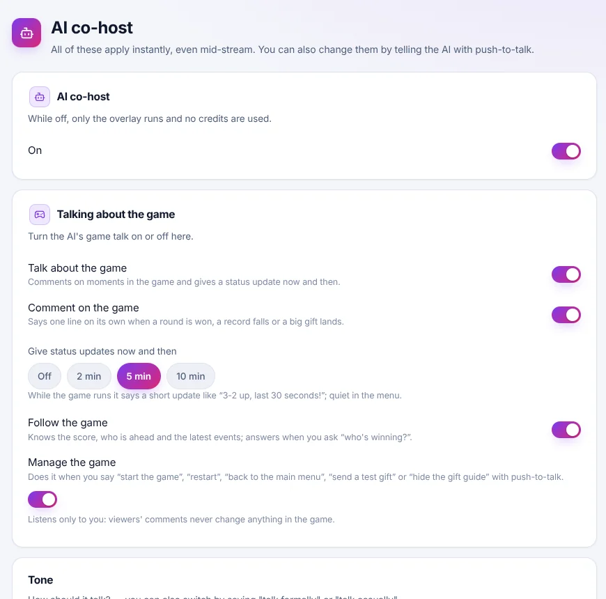 TikTool AI co-host game settings: talk about the game, comment on the game, status updates, follow the game and manage the game