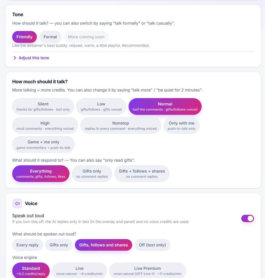 TikTool AI co-host settings: tone, how much it talks, what it responds to and the voice