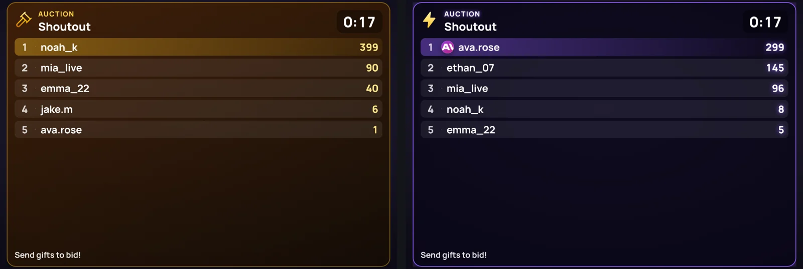 Live auction overlay designs in TikTool: Gold and Neon