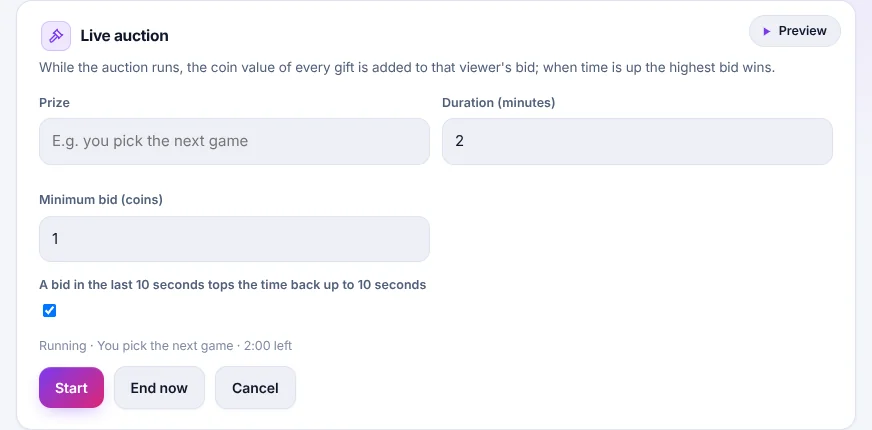 TikTool live auction settings: prize, duration in minutes, minimum bid in coins and the last-10-seconds rule