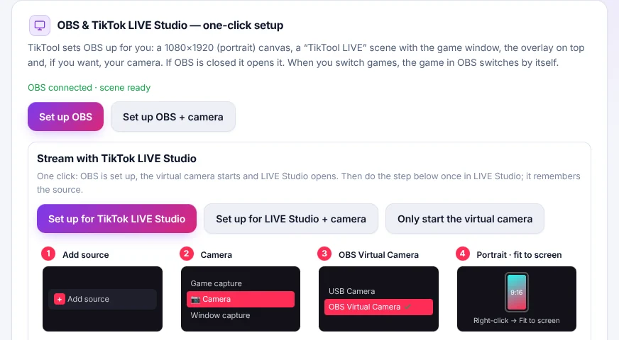 TikTool one-click setup for OBS and TikTok LIVE Studio: canvas, scene, overlay and virtual camera