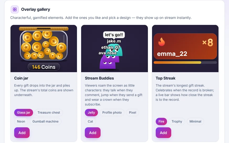 TikTool Overlay Gallery: coin jar, Stream Buddies, top streak, live auction, gift aquarium and like balloon with live previews