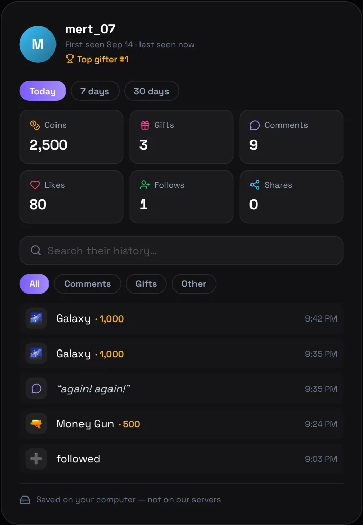 TikTool viewer profile: coins, gifts, comments, likes, follows, shares and the viewer's history