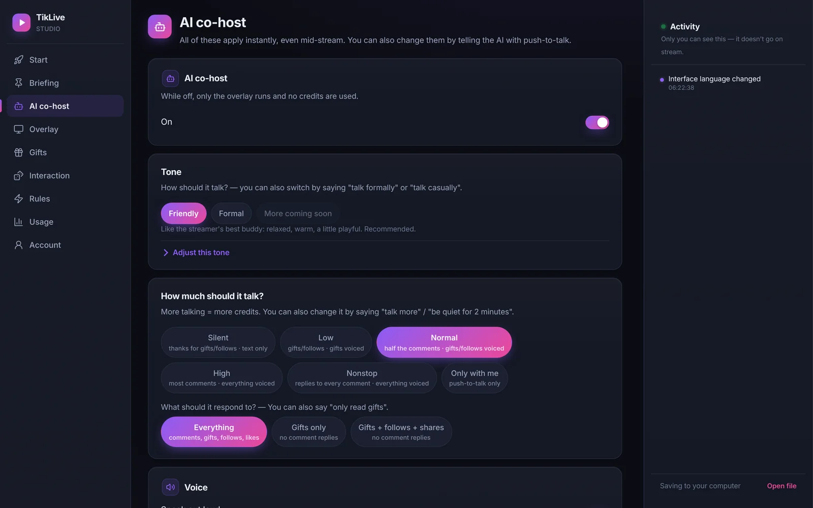 TikTool AI co-host settings panel: voice, tone and how much it talks