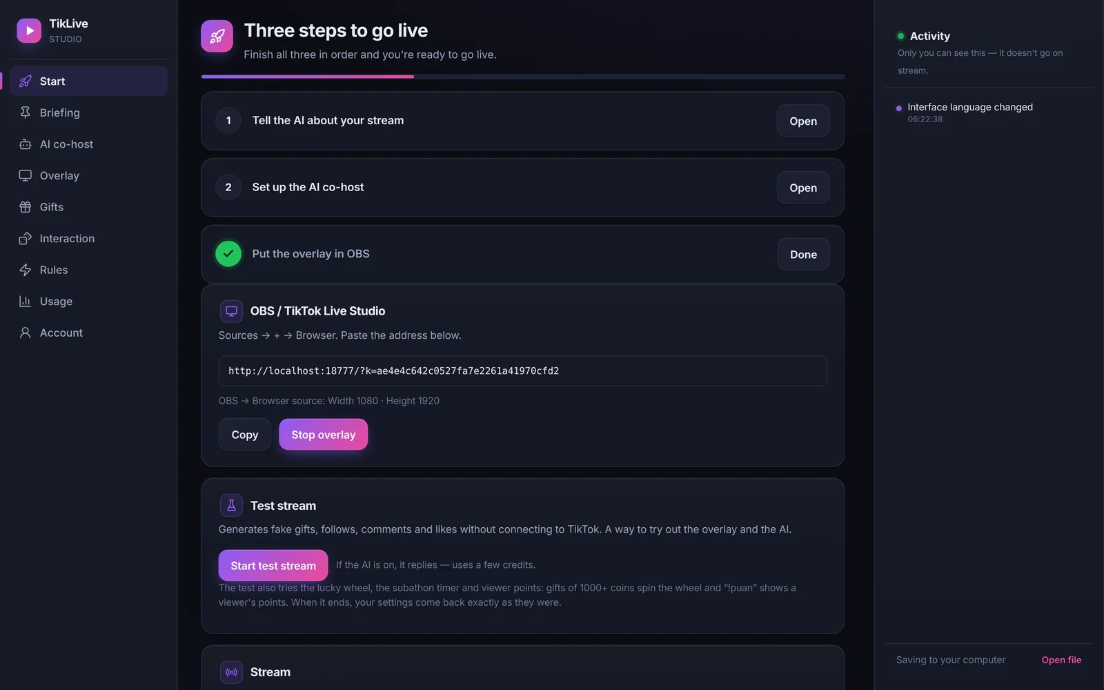 TikTool start screen after sign-in