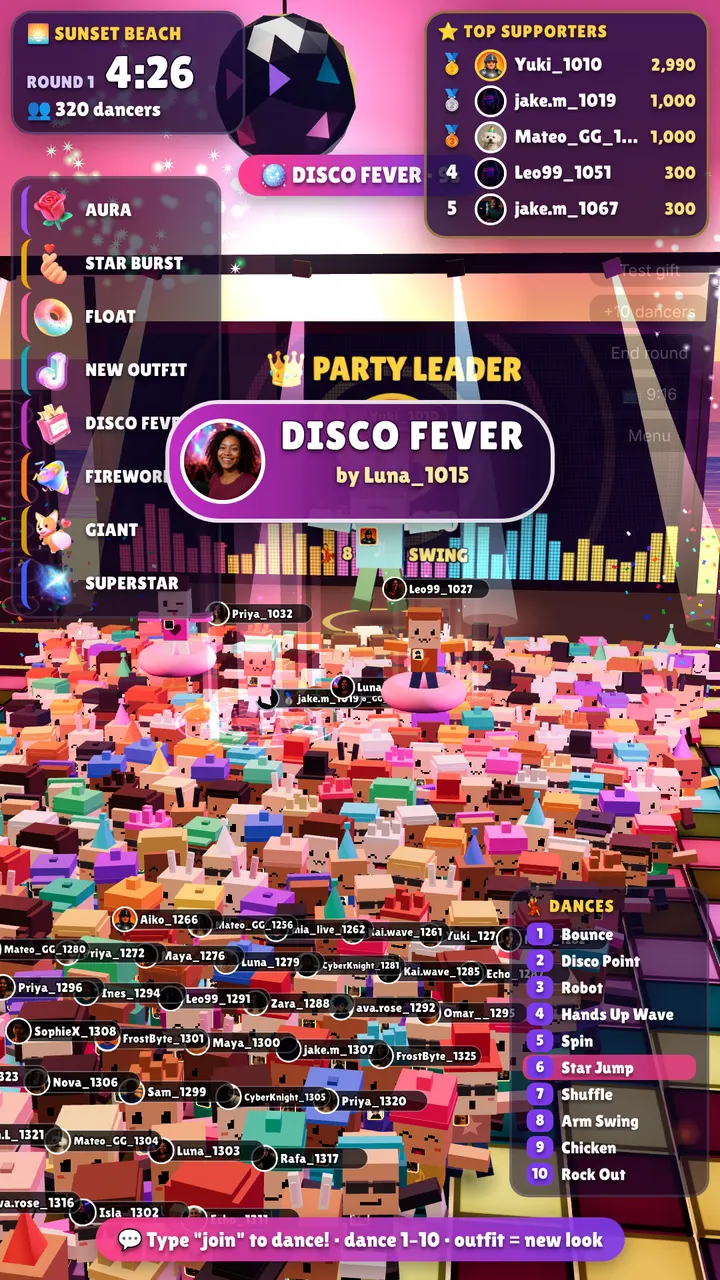Block Disco TikTok LIVE game: blocky dancers on a giant dance floor