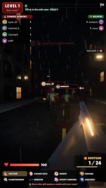 Dead Run zombie TikTok LIVE game: zombies with viewers' names on a rainy street