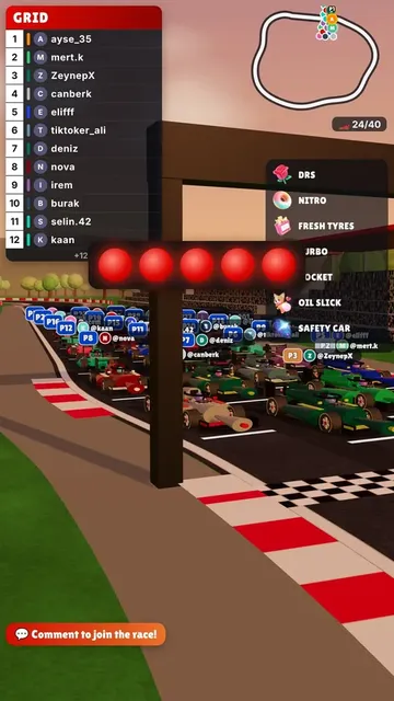 Grand Prix F1 TikTok LIVE racing game with a live timing tower