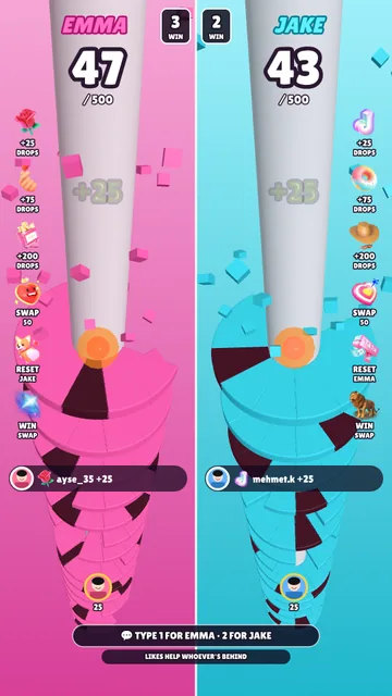 Helix Duel 2-player TikTok LIVE game: a pink tower on the left, a blue tower on the right