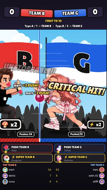 Push Battle TikTok LIVE game: two characters push palm to palm, team A against team B