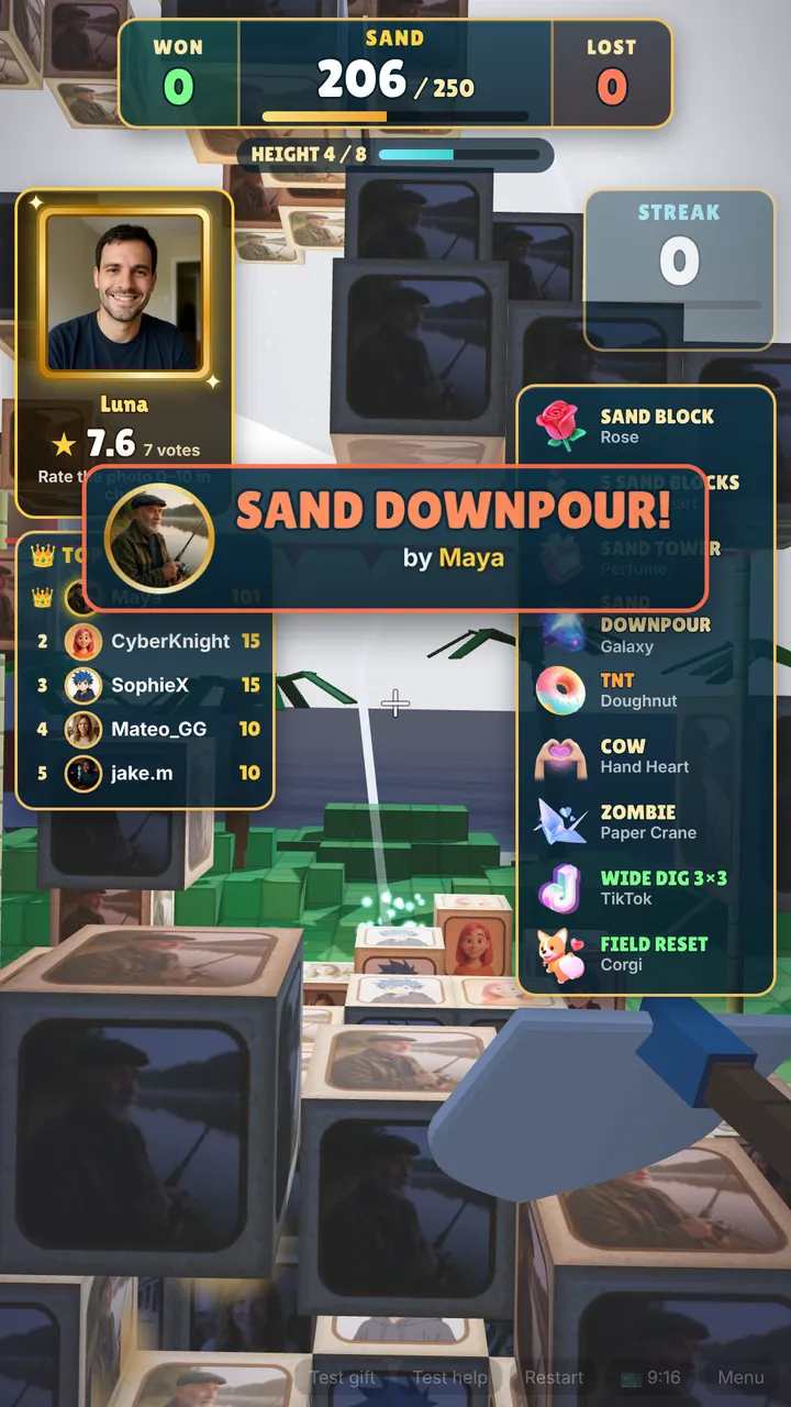 Sand Breaker TikTok LIVE game: sand blocks with viewers' profile photos piling up on an island