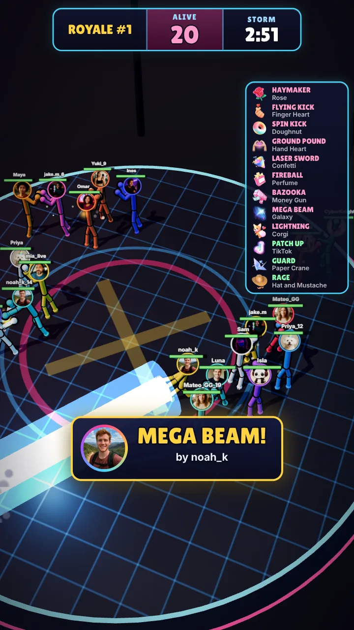 Stick Brawl TikTok LIVE game: stickman fighters with viewers' photos as heads in an arena