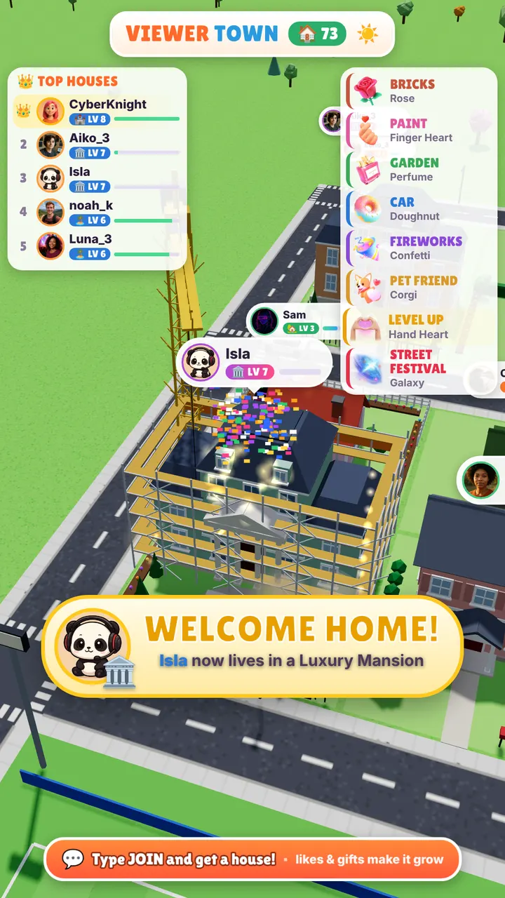 Viewer Town TikTok LIVE game: viewers' houses growing in a city